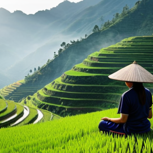 **

A serene traveler meditating amidst lush green rice terraces in Sapa, Vietnam. Focus on the peaceful atmosphere, with soft morning light filtering through the mist. The traveler is in a traditional Vietnamese conical hat, eyes closed, hands resting gently on their lap. In the background, distant mountains fade into the horizon. No phones or modern technology are visible.

**